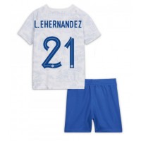 Koszulka piłkarska Francja Lucas Hernandez #21 Strój wyjazdowy dla dzieci MŚ 2022 tanio Krótki Rękaw (+ Krótkie spodenki)